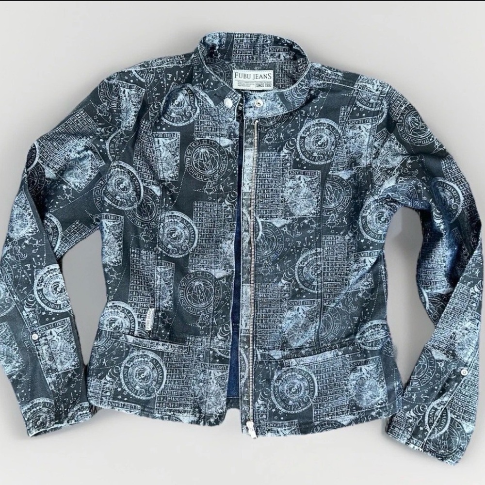 Vtg FUBU Jeans Collection Denim Jacket Zip Up Women’s Sz Large Dark Blue Design